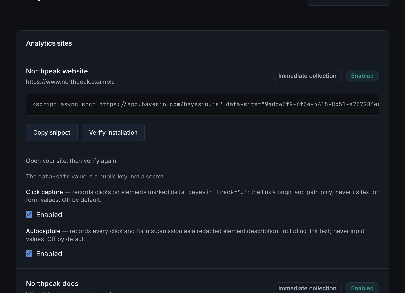 Site setup: the script snippet, verify installation, and click capture and autocapture switched on per site. Illustrative data.